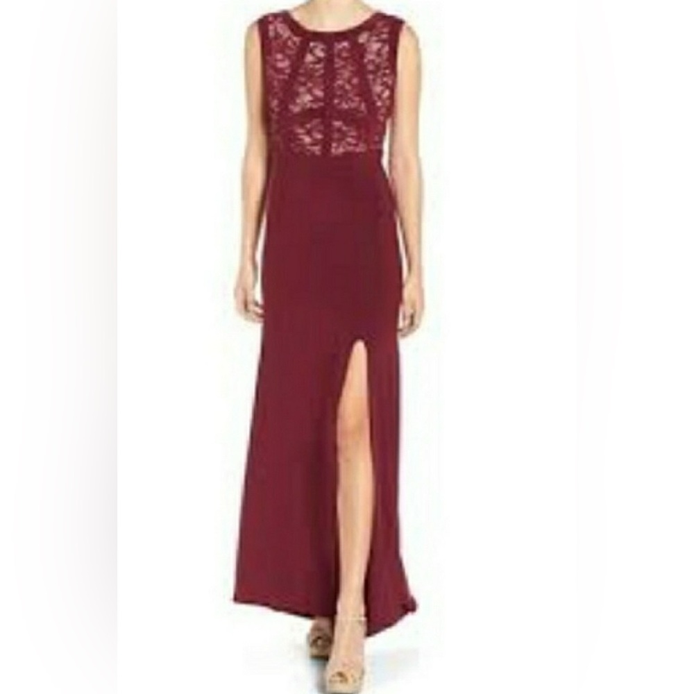 Morgan & Co. Burgundy Lace Long Prom Party Dress Formal Homecoming Size 1/2